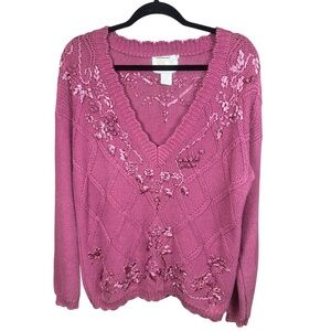 Fairycore Pink Embroidered Knit Sweater Y2K Valentine Cottagecore L Feminine